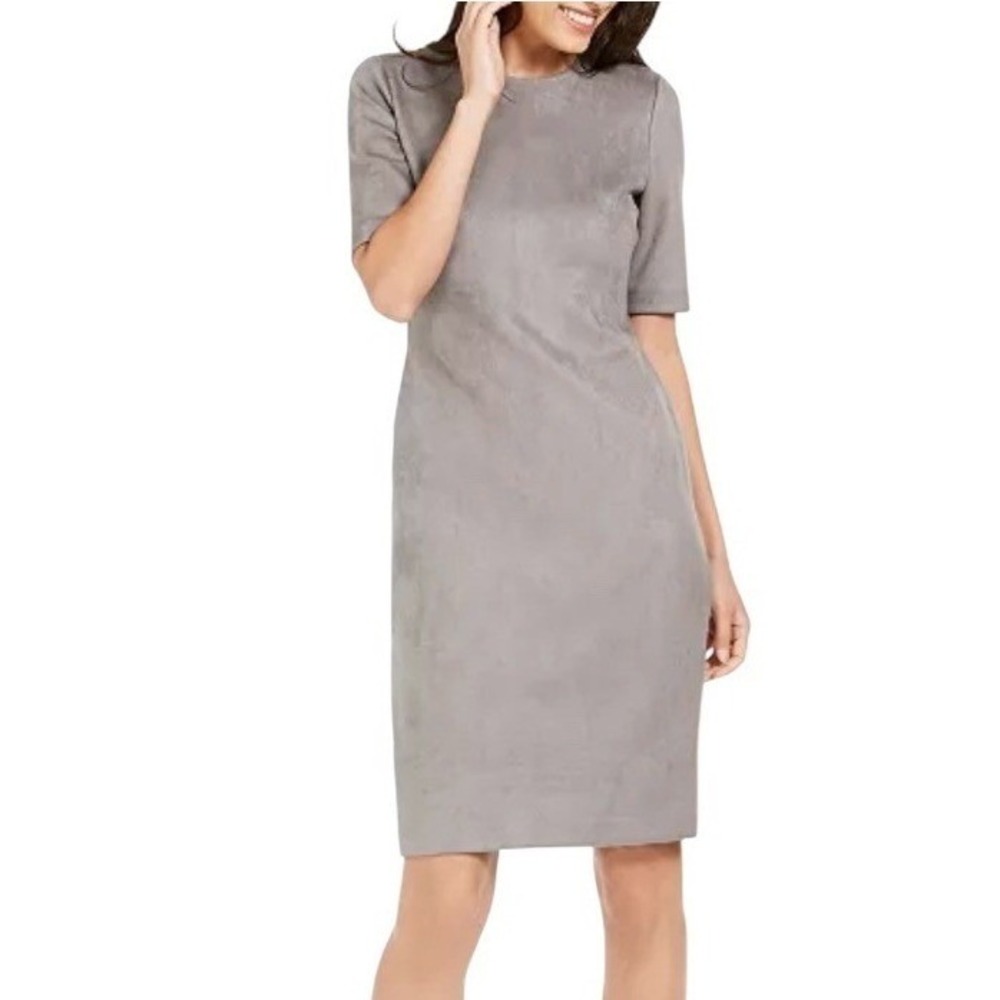 Anne Klein Sheath Dress Womens Size 8 Gray Faux Suede Short Sleeve Knee Length